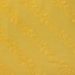 Canary Yellow Cotton Chanderi Floral Threadwork Sequins Embroidery Fabric