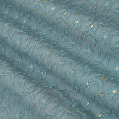 Azure Blue Chanderi Floral Threadwork Embroidery Fabric