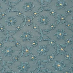 Azure Blue Chanderi Floral Threadwork Embroidery Fabric