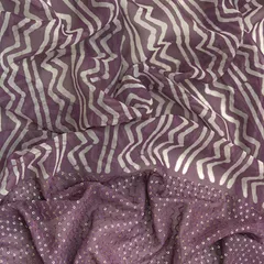 Purple Georgette Zigzak Stripe Block Print Border Sequin Embroidery Fabric