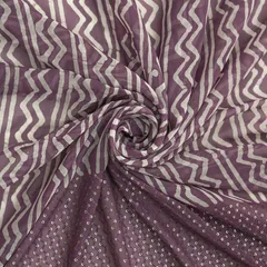 Purple Georgette Zigzak Stripe Block Print Border Sequin Embroidery Fabric
