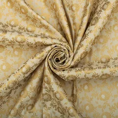Ivory Satin Khimkhab Floral Golden Zari Fabric