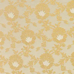 Ivory Satin Khimkhab Floral Golden Zari Fabric