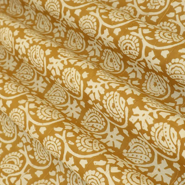 MUstard Yellow Motif Print Kalamkari Lurex Embroidery Fabric