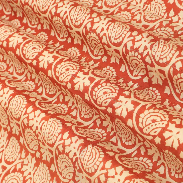 Crimson Red Motif Print Kalamkari Lurex Embroidery Fabric