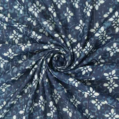 Navy Blue Motif Print Kalamkari Lurex Embroidery Fabric