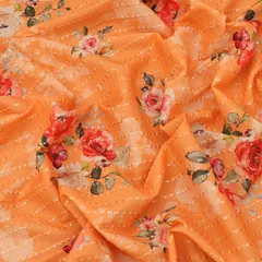 Tangerine Orange Floral Sequins Embroidery Cotton Fabric