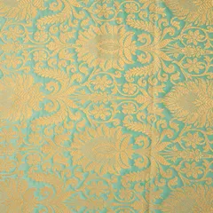 Teal Blue and Gold Satin kimkhab Fabric