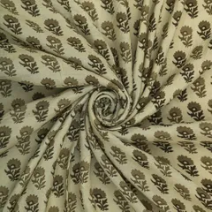 Steel Grey and White Motif Print Mulmul Silk Fabric