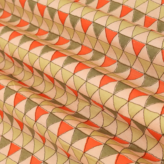 Blush Pink and Orange Geometric Print Mulmul Silk Fabric