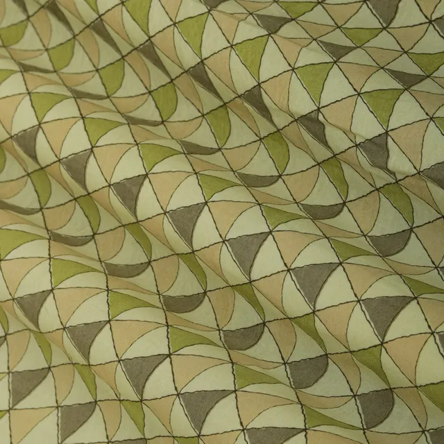 Cream and Olive Green Geometric Print Mulmul Silk Fabric