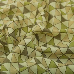 Cream and Olive Green Geometric Print Mulmul Silk Fabric
