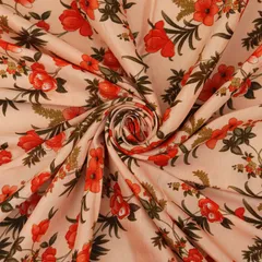 Baby Pink and Red Floral Print Mulmul Silk Fabric