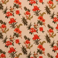 Baby Pink and Red Floral Print Mulmul Silk Fabric