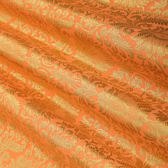 Tangerine Orange and Gold Satin kimkhab Fabric