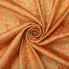 Tangerine Orange and Gold Satin kimkhab Fabric