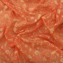 Carrot Pink Cotton Silver Threadwork Floral Sequin Embroidery Fabric