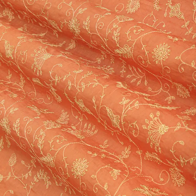 Carrot Pink Cotton Silver Threadwork Floral Sequin Embroidery Fabric