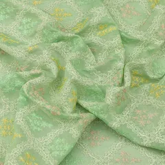 Light Green Cotton Chanderi Floral Thredawork Embroidery Fabric