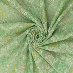 Light Green Cotton Chanderi Floral Thredawork Embroidery Fabric