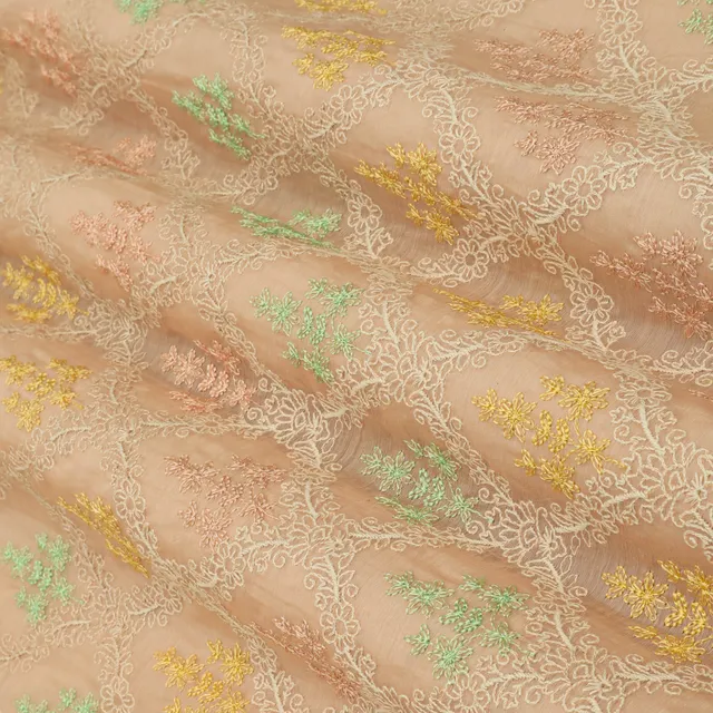 Peach Cotton Chanderi Floral Thredawork Embroidery Fabric
