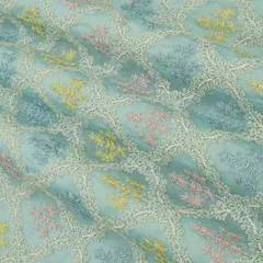Powder Blue Cotton Chanderi Floral Thredawork Embroidery Fabric