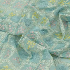 Powder Blue Cotton Chanderi Floral Thredawork Embroidery Fabric