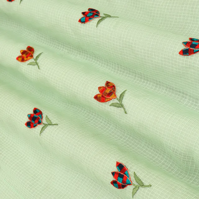 Pista Green Kota Multicolour Floral Threadwork Embroidery Fabric