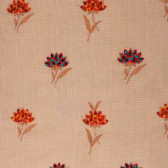 Peach Kota Multicolour Floral Threadwork Embroidery Fabric