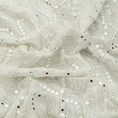 White Georgette Mirror Work Embroidery Fabric