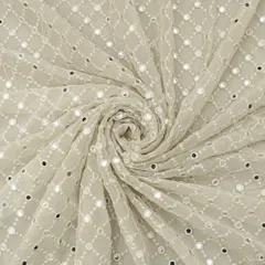Alabaster White Georgette Diamond Pattern Mirror Work Embroidery Fabric