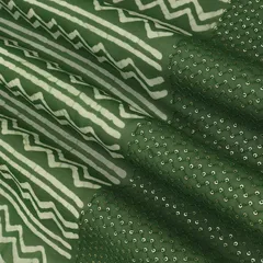 Pigmented Green Georgette Zigzak Stripe Block Print Border Sequin Embroidery Fabric