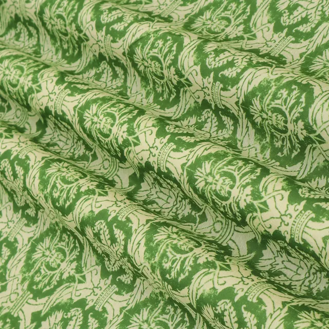 Sage Green and White Motif Printed Chanderi Handloom