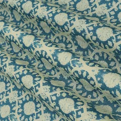 Azure Blue and White Motif Printed Chanderi Handloom