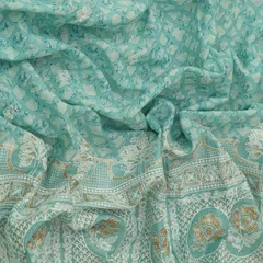Sky Blue Print and Threadwork Border Embroidery Cotton Print Fabric
