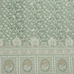 Ash Grey Print and Threadwork Border Embroidery Cotton Print Fabric