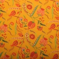 Marigold Yellow and Pink Floral Vine Print Lawn Cotton Fabric