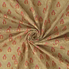 Ivory White and Pink Meena Brocade Chanderi Fabric