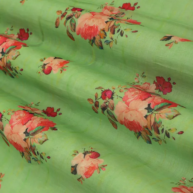 Parakeet Green Chanderi Floral Print Fabric