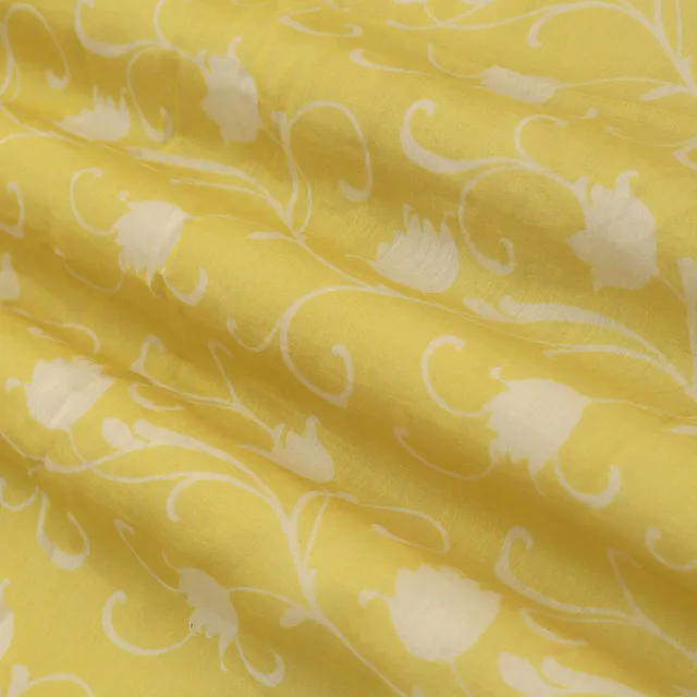 Bright Yellow Chanderi Floral Print Fabric