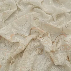 Traditionall Look Pure White Georgette Heavy Floral Threadwork Sequin Embroidery Fabric