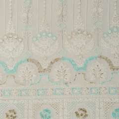 Traditionall Look White Georgette Heavy Floral Threadwork Sequin Embroidery Fabric