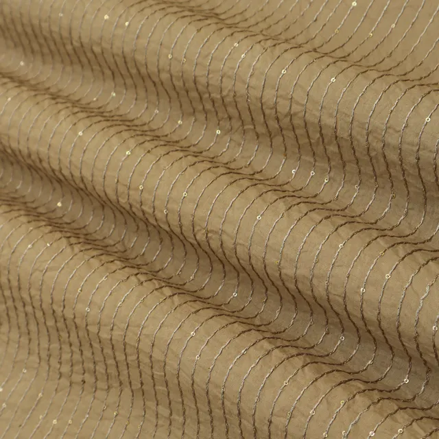Latte Brown Cotton Sequence Embroidery Fabric