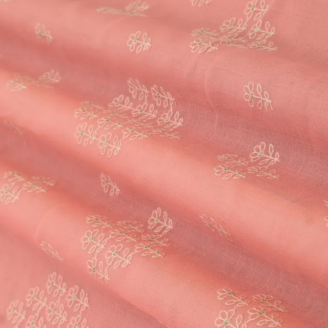 Pink Linen Floral Threadwork Sequins Embroidery Fabric