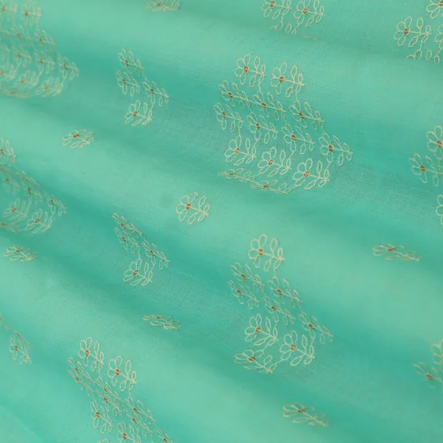 Aqua Blue Linen Floral Threadwork Sequins Embroidery Fabric