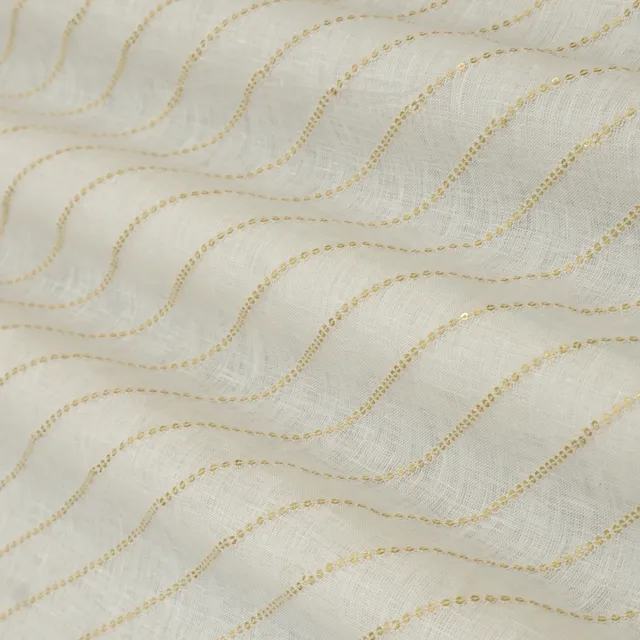 White Linen Stripe Sequins Embroidery Fabric