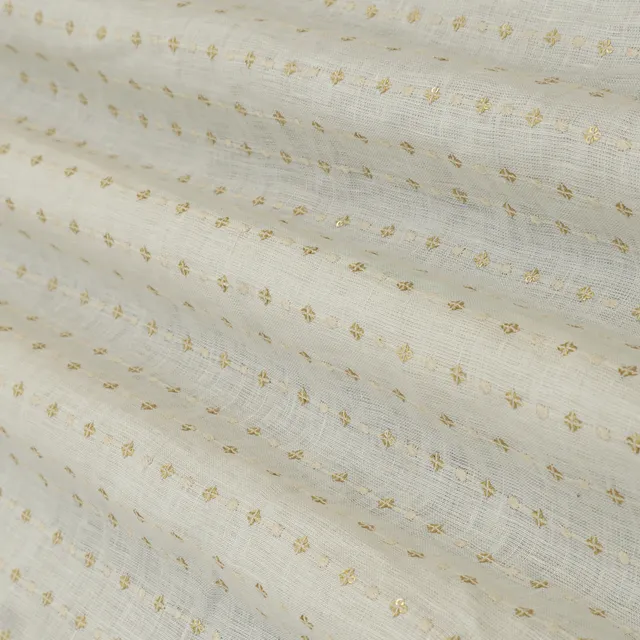 Frost White Linen Floral Threadwork Sequins Embroidery Fabric