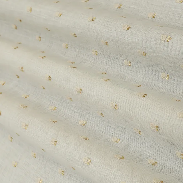 Powder White Linen Booti Threadwork Sequins Embroidery Fabric