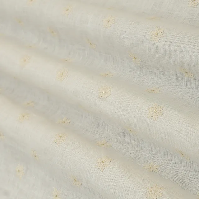 Alabaster White Linen Stripe Floral Threadwork Sequins Embroidery Fabric