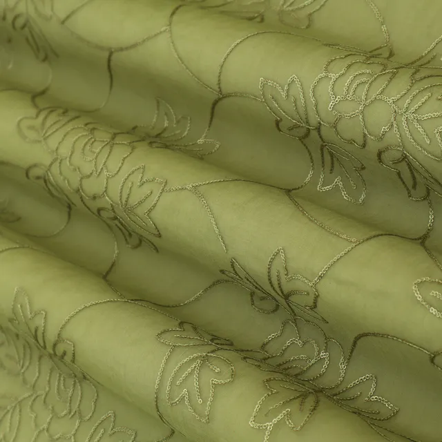 Olive Green Sequins Embroidery Chanderi Silk Fabric